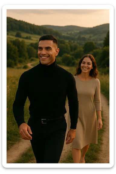 a man and a woman walk together along a winding path in a natural landscape. In one version, the woman leads confidently while the man follows a few steps behind, looking at lei con ammirazione. In un’altra versione, i ruoli sono invertiti, con l’uomo che guida e la donna che lo segue sorridendo. La scena trasmette l’idea che entrambi possano guidare o seguire, a seconda del momento. sticker