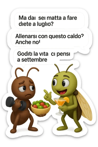 EMOJI STILE IPHONE 3D DI una cicala e una formica che parlano tra loro, la formica ha nella mano destra un manubrio da palestra e nella nella mano sinistra una bowl di insalata, la cicala invece ha un cocktail in mano, la cicala prende in giro la formica E LE DICE IN 3 FUMETTI DIFFERENTI: "Ma dai, sei matta a fare diete a luglio?”
“Allenarsi con questo caldo? Anche no!”
“Goditi la vita, ci pensi a settembre.”
 sticker