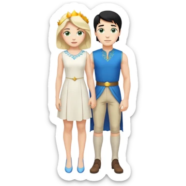 prince, standing upright, black Hair, blue eyes, garment,  woman, bending knee, white sleveless dress, blonde hair, green eyes, sticker