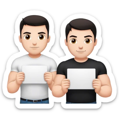 One large white muscular man with dark hair and a white shirt one and white thin man wearing a black shirt each holding a sign that says best friends forever  sticker