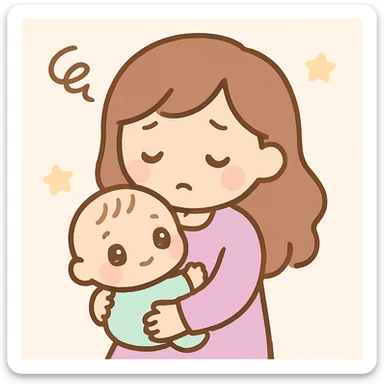 a tired woman holding a baby, soft, gentle illustration style sticker