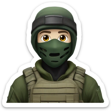 white male, pale skin, call of duty dark mask, green camo tactical gear, combat boots, black beanie, hazel eyes sticker