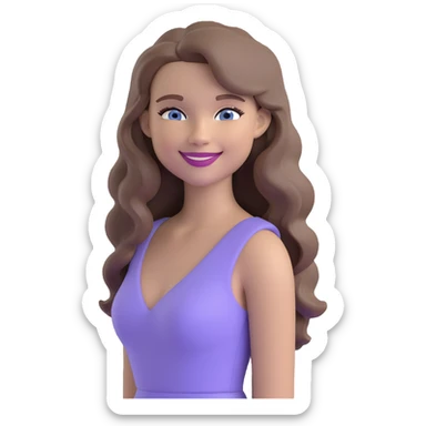 chic emoji of a pretty woman smiling sweetly, with long, slightly curly light ash brown hair, blue eyes, nude lipstick, wearing a snug light purple (almost lilac) dress, elegant and stylish vibe sticker