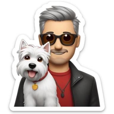 Hombre con gafas rojas con un perro westie sticker