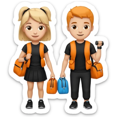 light skin students girl and boy with school bag full of books on back and dumbell in hand. Clothes are in black and orange colours. They are going to the gym sticker