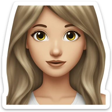 White girl green eyes with long length voluminous brown hair with brown highlights balayage bangs sticker