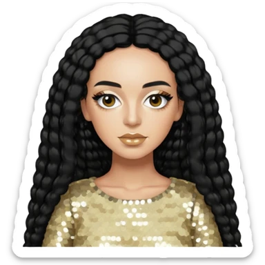 Solange from Destiny's Child with long black hair, cream sequin outfit  sticker