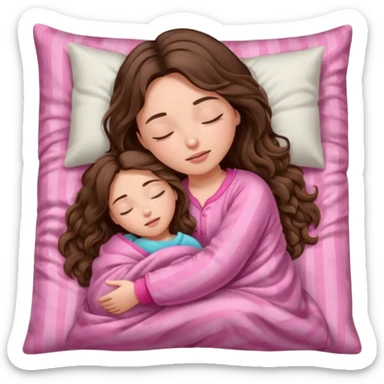 girl brunette inside a blanket sleeping  eyes closed with long  brown wavy hair and pink pjs sticker