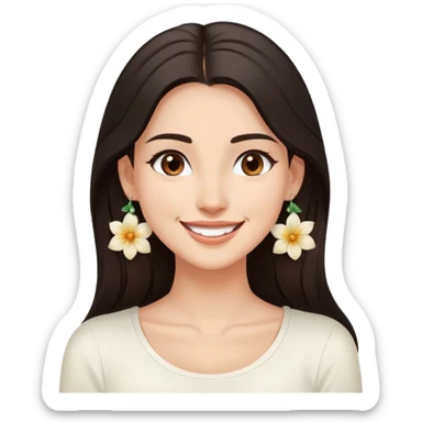 The image features a young woman with long, dark hair and a warm smile without showing tooth. She is wearing a white top and elegant floral earrings. Her expression conveys happiness and friendliness. The background is softly blurred with neutral tones, suggesting an indoor setting. The lighting is soft and natural, enhancing the relaxed and approachable feel of the image. sticker