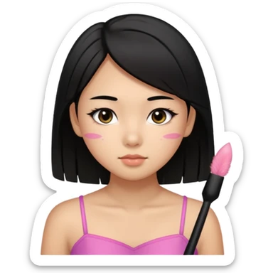 a tan chinese-american 15 year old girl with straight black hair down to her chest. mascara and a little blush. sticker