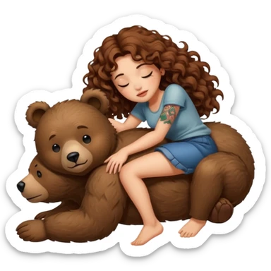 cute woman long curly brown hair tattoos riding sleepy bear sticker