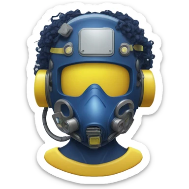 Dark Blue curly hair cyborg head with yellow respirator mask and circuitry sticker
