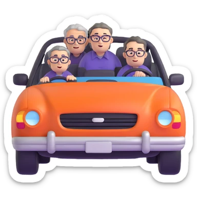 front view of an orange car with three people inside: driver male with chubby face, light stubble, purple shirt; front passenger middle-aged male with round face, gray hair, glasses, checkered shirt; rear passenger male with sharp face, black hair, glasses, black t-shirt sticker