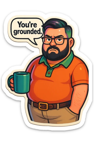 A realism art illustration art style of handsome plus-size man with black hair and a purple to green ombre streak, black beard, blue eye, glasses, dressed like a dad, holding a coffee mug, You’re grounded speech bubble, frowning  sticker