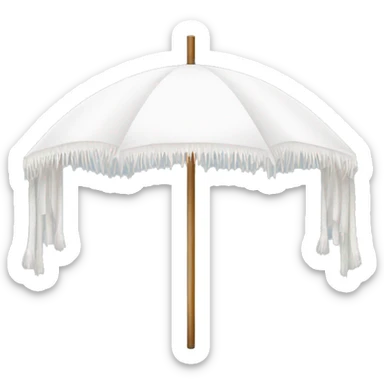 White beach umbrella with white tassels and a straight wooden pole sticker