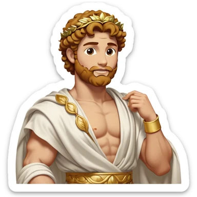 Cinematic Realistic Hercules Portrait, head tilted dramatically with an exaggeratedly amused expression, blending the fierce valor of the Hercules with the classic elegance of Michelangelo's David. His light tan skin and thick, curly, golden brown hair, rendered with meticulous classical detail, frame a face of heroic determination and playful charm. Clad in a gracefully draped white robe adorned with subtle golden embellishments and accented by a distinguished Greek laurel wreath, dynamic lighting accentuates both his formidable physical power and his approachable, spirited demeanor. sticker