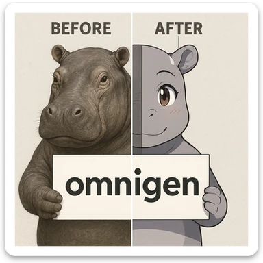 two hippo holding sign of omnigen, half picture 1 hippo is realistic another half is the anime of that same second hippo, with before after mark sticker