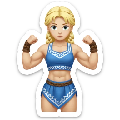 slavic girl, medium size yellow hair, flexing muscles, full body, muscled, with traditional slavic outfit, blue eyes sticker