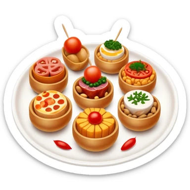 Tapas (4 Pintxos) Cinematic Realistic Tapas Dish Emoji, depicted as an assortment of 4 pintxos elegantly arranged on a plate, rendered with lifelike textures and vibrant, inviting lighting. sticker