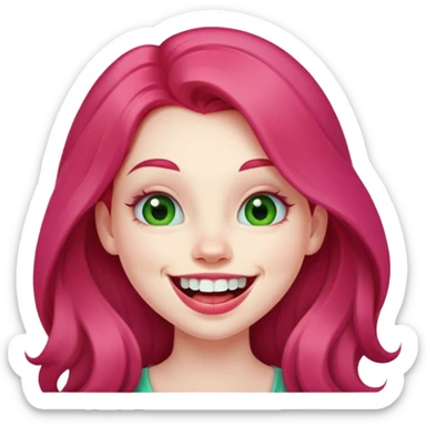 Young girl with pale skin, full pink lips smiling with big teeth, red long hair, big brown eyes with a hint of green, big mouth sticker