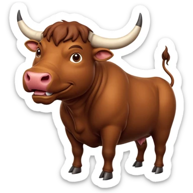 An adorable full-body 3d brown bull with large and exaggerated features in the shape of a ball. Make the background white sticker