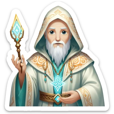 A luminescent enchanted Wizard, his ethereal presence shimmering with otherworldly energy, each detail radiating with mystical power and ancient wisdom. The painting, a masterpiece of acrylic art, captures the Wizards hauntingly beautiful visage in exquisite detail. Swirls of cosmic colors dance around him, evoking a sense of celestial wonder, while intricate patterns of glowing runes adorn his intricate robe. The image is vivid and captivating, drawing viewers into a mesmerizing realm of fantasy and magic. sticker