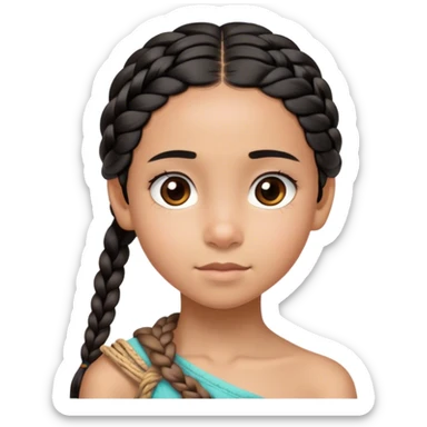 A thin 10-year-old mixed-race girl with almost black hair braided into a single plait draped over her shoulder and dark brown eye sticker