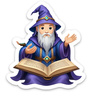 An icon representing an adventure game, inspired by mystical fantasy. The design features a wise and powerful wizard floating above an ancient spellbook, arcane runes glowing beneath him. The swirling cosmic background hints at deep magical knowledge, adventure, and untold power. Transparent background. sticker