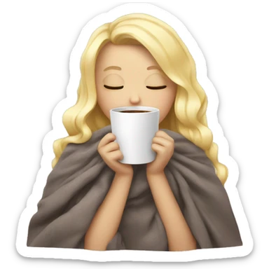 girl inside a blanket sipping coffee with a bow tie eyes closed with blonde hair and   sticker