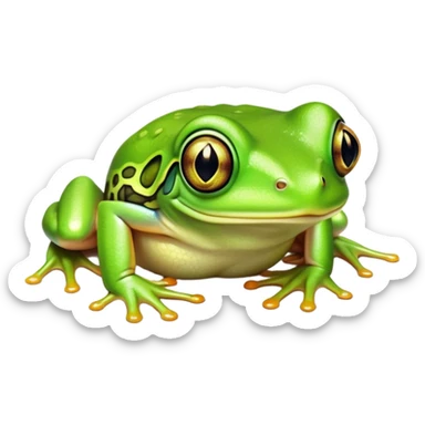Cinematic Cute Green Tree Frog Portrait Emoji, Head tilted playfully and inquisitively, featuring a charmingly compact form with vivid green, slightly textured skin, prominent sticky toe pads, and round, sparkling eyes full of playful wonder, Simplified yet irresistibly adorable features, highly detailed, glowing with a warm, inviting jungle glow, high shine, affectionate and lively, stylized with a touch of tropical whimsy, soft glowing outline, capturing the essence of a mischievous yet loving frog that seems as if it could hop out of the screen into your arms! sticker