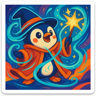 Enhance the magic of the penguin wizard casting a dramatic spell with swirling energy, glowing stars, and magical effects around the wand and robe, in a colorful cartoon style. sticker