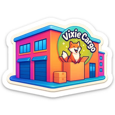 Create a variation of the parcel warehouse building emoji with the Vixie Cargo logo, using a different color scheme for the building, keeping the logo visible, with no background. sticker