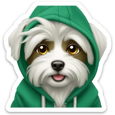 Dog white cute mini maltaise wearing a dark green hoodie  sticker