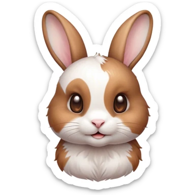 Cinematic Cute White and Brown Rabbit Portrait Emoji, Head tilted playfully and inquisitively, featuring a silky fur with a delicate mix of white and brown patches, round, sparkling eyes filled with curiosity, Simplified yet irresistibly adorable features, highly detailed, glowing with a warm, friendly glow, high shine, affectionate and lively, stylized with a touch of whimsy, bright and endearing, soft glowing outline, capturing the essence of a mischievous yet loving bunny, so playful it feels like it could hop out of the screen and into your arms! sticker