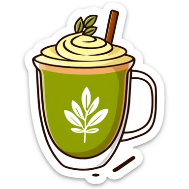 matcha latte with leaf detail, warm olive-brown tones, soft dreamy illustration sticker