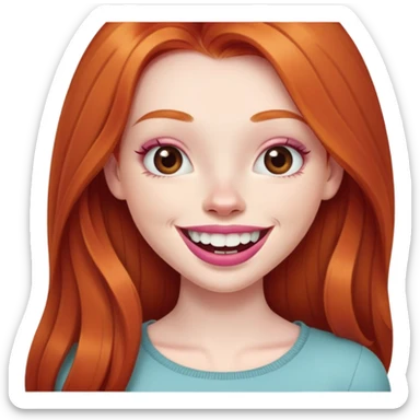 Young girl with pale skin, full pink lips smiling with big teeth, very long straight ginger red hair, bigger nose, deep brown eyes, big mouth sticker