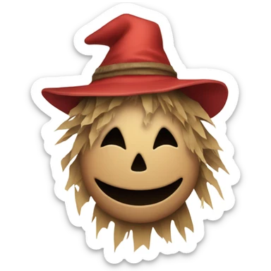 A relatively scary scarecrow wearing a red dress and winking sticker