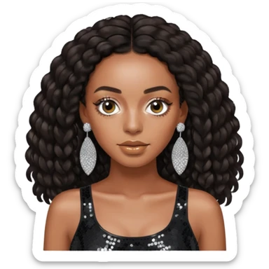 Solange with dark brown long hair, black sequin crop top, silver earring sticker