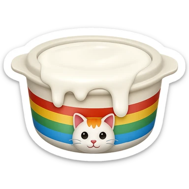 Replace the food in the cat food bowl with milk, the bowl is filled to the brim and overflowing with milk, keep the cat food bowl style and apple emoji style, no background. sticker
