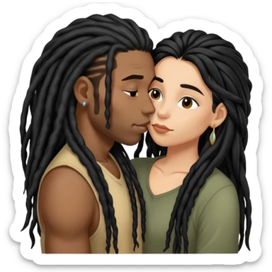 Latina Woman with long hair kissing a young black guy with dreads chin hair sticker