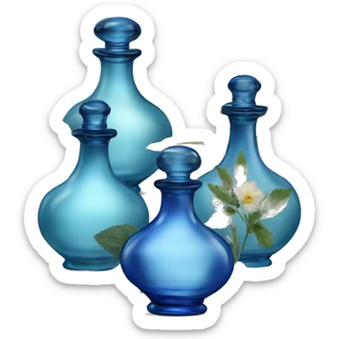 Four blue Antique oil perfume bottles with herbal and flowers sticker