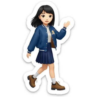 hair : black long hair with fringe (almost waist length) 
skin : light 
outer : deep brown varsity jacket (oversize) 
skirt : navy long long skirt (under knee, close to toe)  
motion : walking alone 


 sticker