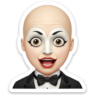 a bald cabaret actor with a white-painted face and heavily made-up eyes and mouth, a huge, wide-open mouth, and a startled look sticker
