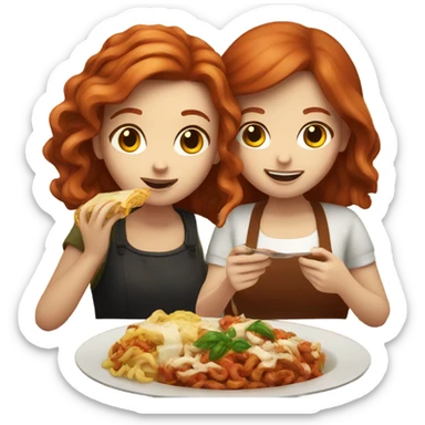 Redhead girl and brown haired girl eating Italian food sticker