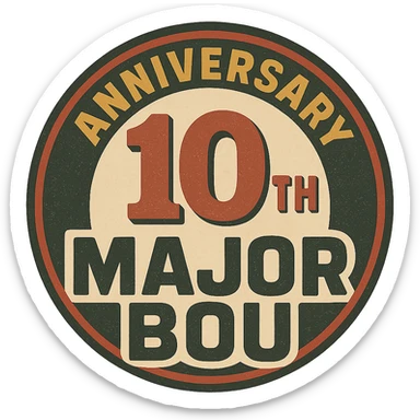 Retro-style 10th anniversary logo for Major Bou with bold typography and vintage colors sticker