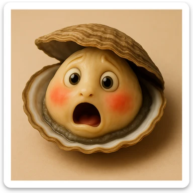 A cute oyster with a shocked expression, open mouth, round eyes, in photorealistic style. sticker