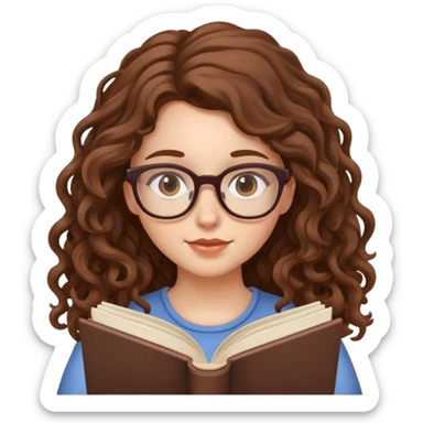 cute white girl with glasses and brown long curly hair reading book sticker