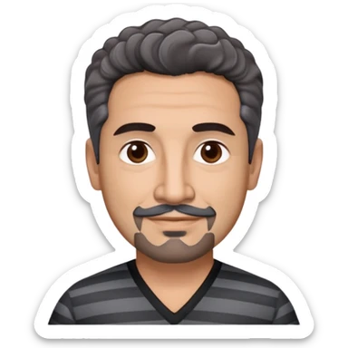 Latino theatre director in his late 40s with cinnamon skin. Square structured face. Approachable expression with gentle smile. Calm dark eyes. Thick eyebrows. Well-groomed black goatee with a few gray hairs. Short curly dark hair. Wearing a black V-neck shirt with gray stripes. sticker