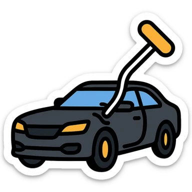 icon of a high-end black car with a subtle rod or hook tool touching a dent, matte black as main color, fine silver lines for contrast, simple style, focus on dent repair sticker