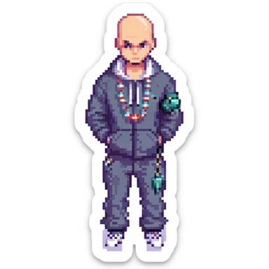 Pixel art thug in tracksuit, holding chain in Hand, bald head, angry expression, side view, retro arcade sprite
 sticker
